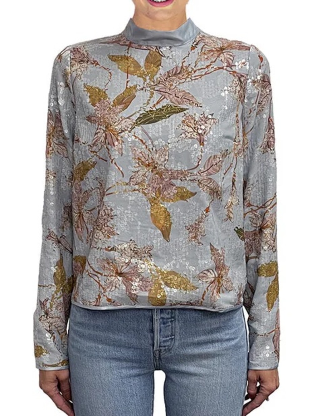 BTFL-Life Sequin Floral Tie-Back Blouse in Light Blue